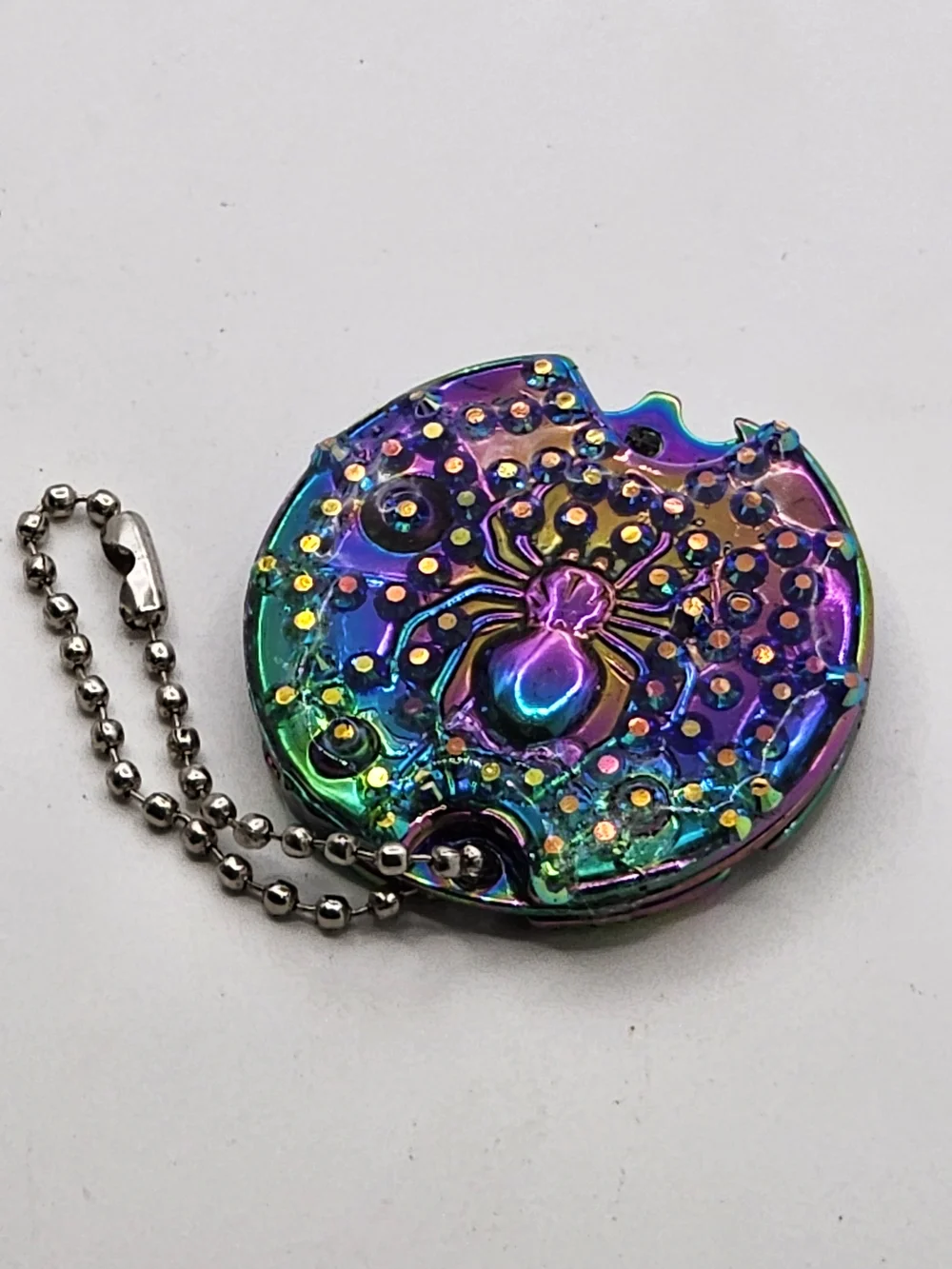 Iridescent Spider Disc Keychain Knife with Crystal Accents